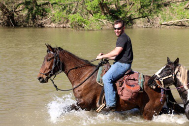Big bay gelding for sale, pictured with rider in Bastrop